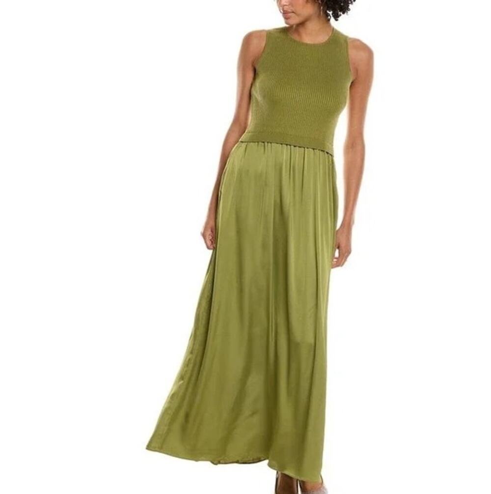 Taylor Olive Green Maxi Dress Ribbed Knit Sleeveless Satin Mixed Media Sz M